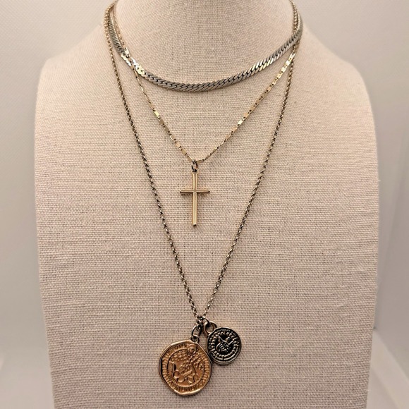 Lovisa Jewelry - Lovisa Cross Religious Layered Necklace with Medallions Gold & Silver Tone 16"
